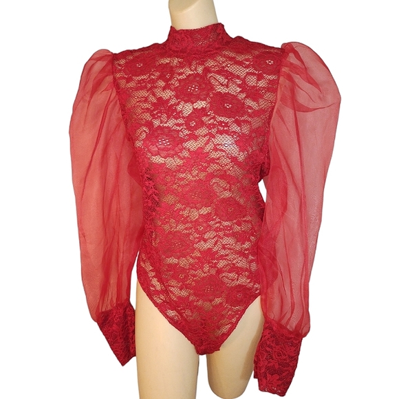 Full Circle Trends Tops - Floral lace and chiffon puffy long sleeve lingerie bodysuit with snap closure